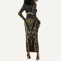 Egypt The Lotus Long Sleeve Bodycon Dress Gold Bloom Hieroglyphic Patterns