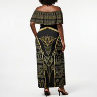 Egypt The Lotus Off Shoulder Maxi Dress Gold Bloom Hieroglyphic Patterns