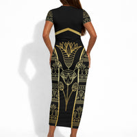 Egypt The Lotus Short Sleeve Bodycon Dress Gold Bloom Hieroglyphic Patterns