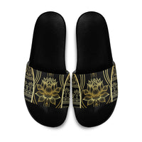Egypt The Lotus Slide Sandals Gold Bloom Hieroglyphic Patterns
