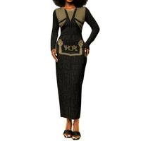 Custom Egypt KA Long Sleeve Bodycon Dress Gold Symbol Hieroglyphic Texture