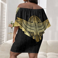 Egypt BA Off Shoulder Short Dress Winged Pharaoh Hieroglyphic Patterns