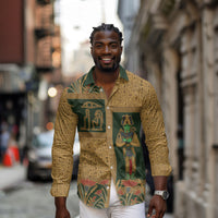 Egyptian God Osiris Long Sleeve Button Shirt Green Pharaonic Hieroglyphic Patterns