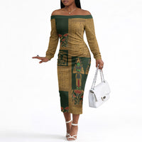 Egyptian God Osiris Off The Shoulder Long Sleeve Dress Green Pharaonic Hieroglyphic Patterns