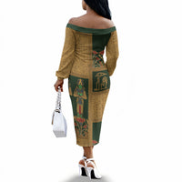 Egyptian God Osiris Off The Shoulder Long Sleeve Dress Green Pharaonic Hieroglyphic Patterns