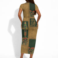 Egyptian God Osiris Short Sleeve Bodycon Dress Green Pharaonic Hieroglyphic Patterns