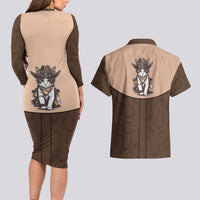 Cowcat Couples Matching Long Sleeve Bodycon Dress and Hawaiian Shirt Cowboy Cat Meowdy Retro Western Yoke Brown - Wonder Print Shop