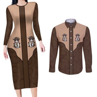 Cowcat Couples Matching Long Sleeve Bodycon Dress and Long Sleeve Button Shirt Cowboy Cat Meowdy Retro Western Yoke Brown - Wonder Print Shop