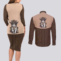 Cowcat Couples Matching Long Sleeve Bodycon Dress and Long Sleeve Button Shirt Cowboy Cat Meowdy Retro Western Yoke Brown - Wonder Print Shop