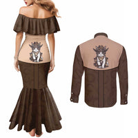 Cowcat Couples Matching Mermaid Dress and Long Sleeve Button Shirt Cowboy Cat Meowdy Retro Western Yoke Brown - Wonder Print Shop