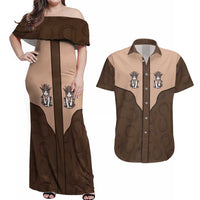Cowcat Couples Matching Off Shoulder Maxi Dress and Hawaiian Shirt Cowboy Cat Meowdy Retro Western Yoke Brown - Wonder Print Shop