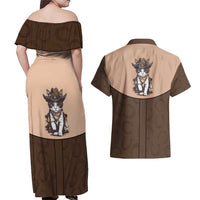 Cowcat Couples Matching Off Shoulder Maxi Dress and Hawaiian Shirt Cowboy Cat Meowdy Retro Western Yoke Brown - Wonder Print Shop