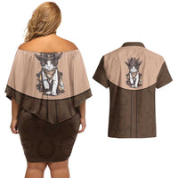 Cowcat Couples Matching Off Shoulder Short Dress and Hawaiian Shirt Cowboy Cat Meowdy Retro Western Yoke Brown - Wonder Print Shop
