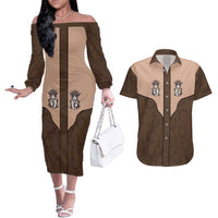 Cowcat Couples Matching Off The Shoulder Long Sleeve Dress and Hawaiian Shirt Cowboy Cat Meowdy Retro Western Yoke Brown - Wonder Print Shop