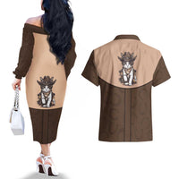 Cowcat Couples Matching Off The Shoulder Long Sleeve Dress and Hawaiian Shirt Cowboy Cat Meowdy Retro Western Yoke Brown - Wonder Print Shop