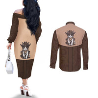 Cowcat Couples Matching Off The Shoulder Long Sleeve Dress and Long Sleeve Button Shirt Cowboy Cat Meowdy Retro Western Yoke Brown - Wonder Print Shop