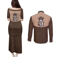 Cowcat Couples Matching Puletasi and Long Sleeve Button Shirt Cowboy Cat Meowdy Retro Western Yoke Brown - Wonder Print Shop