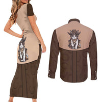 Cowcat Couples Matching Short Sleeve Bodycon Dress and Long Sleeve Button Shirt Cowboy Cat Meowdy Retro Western Yoke Brown - Wonder Print Shop