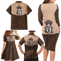 Cowcat Family Matching Long Sleeve Bodycon Dress and Hawaiian Shirt Cowboy Cat Meowdy Retro Western Yoke Brown - Wonder Print Shop