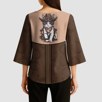 Cowcat Kimono Sleeve Blouse Cowboy Cat Meowdy Retro Western Yoke Brown - Wonder Print Shop