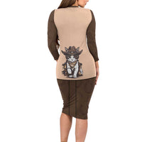 Cowcat Long Sleeve Bodycon Dress Cowboy Cat Meowdy Retro Western Yoke Brown - Wonder Print Shop