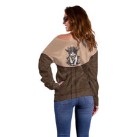 Cowcat Off Shoulder Sweater Cowboy Cat Meowdy Retro Western Yoke Brown - Wonder Print Shop