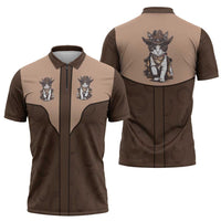 Cowcat Zipper Polo Shirt Cowboy Cat Meowdy Retro Western Yoke Brown - Wonder Print Shop