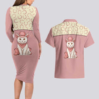 Cowcat Couples Matching Long Sleeve Bodycon Dress and Hawaiian Shirt Cowboy Cat Meowdy Retro Western Yoke Pink - Wonder Print Shop