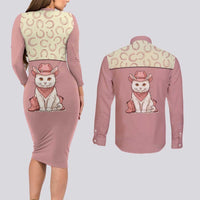 Cowcat Couples Matching Long Sleeve Bodycon Dress and Long Sleeve Button Shirt Cowboy Cat Meowdy Retro Western Yoke Pink - Wonder Print Shop