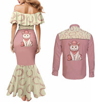 Cowcat Couples Matching Mermaid Dress and Long Sleeve Button Shirt Cowboy Cat Meowdy Retro Western Yoke Pink - Wonder Print Shop