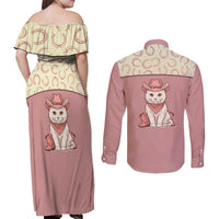Cowcat Couples Matching Off Shoulder Maxi Dress and Long Sleeve Button Shirt Cowboy Cat Meowdy Retro Western Yoke Pink - Wonder Print Shop