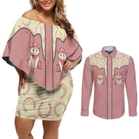 Cowcat Couples Matching Off Shoulder Short Dress and Long Sleeve Button Shirt Cowboy Cat Meowdy Retro Western Yoke Pink - Wonder Print Shop