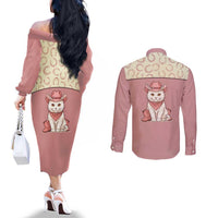 Cowcat Couples Matching Off The Shoulder Long Sleeve Dress and Long Sleeve Button Shirt Cowboy Cat Meowdy Retro Western Yoke Pink - Wonder Print Shop