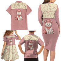 Cowcat Family Matching Long Sleeve Bodycon Dress and Hawaiian Shirt Cowboy Cat Meowdy Retro Western Yoke Pink - Wonder Print Shop