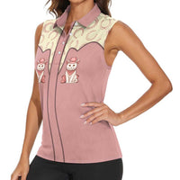 Cowcat Women Sleeveless Polo Shirt Cowboy Cat Meowdy Retro Western Yoke Pink - Wonder Print Shop
