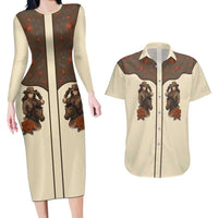 Cowgirl Couples Matching Long Sleeve Bodycon Dress and Hawaiian Shirt Rose Retro Western Yoke - Wonder Print Shop