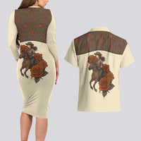 Cowgirl Couples Matching Long Sleeve Bodycon Dress and Hawaiian Shirt Rose Retro Western Yoke - Wonder Print Shop