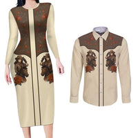 Cowgirl Couples Matching Long Sleeve Bodycon Dress and Long Sleeve Button Shirt Rose Retro Western Yoke - Wonder Print Shop
