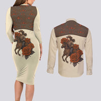 Cowgirl Couples Matching Long Sleeve Bodycon Dress and Long Sleeve Button Shirt Rose Retro Western Yoke - Wonder Print Shop