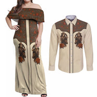 Cowgirl Couples Matching Off Shoulder Maxi Dress and Long Sleeve Button Shirt Rose Retro Western Yoke - Wonder Print Shop