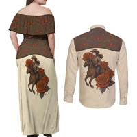 Cowgirl Couples Matching Off Shoulder Maxi Dress and Long Sleeve Button Shirt Rose Retro Western Yoke - Wonder Print Shop