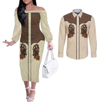 Cowgirl Couples Matching Off The Shoulder Long Sleeve Dress and Long Sleeve Button Shirt Rose Retro Western Yoke - Wonder Print Shop