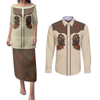 Cowgirl Couples Matching Puletasi and Long Sleeve Button Shirt Rose Retro Western Yoke - Wonder Print Shop