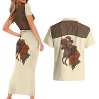 Cowgirl Couples Matching Short Sleeve Bodycon Dress and Hawaiian Shirt Rose Retro Western Yoke - Wonder Print Shop