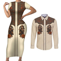 Cowgirl Couples Matching Short Sleeve Bodycon Dress and Long Sleeve Button Shirt Rose Retro Western Yoke - Wonder Print Shop