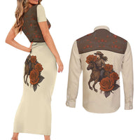 Cowgirl Couples Matching Short Sleeve Bodycon Dress and Long Sleeve Button Shirt Rose Retro Western Yoke - Wonder Print Shop
