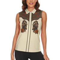 Cowgirl Women Sleeveless Polo Shirt Rose Retro Western Yoke - Wonder Print Shop