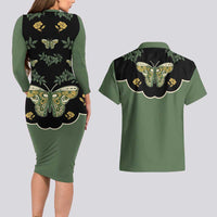 Retro Butterfly Couples Matching Long Sleeve Bodycon Dress and Hawaiian Shirt Western Yoke Style - Wonder Print Shop
