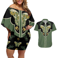 Retro Butterfly Couples Matching Off Shoulder Short Dress and Hawaiian Shirt Western Yoke Style - Wonder Print Shop
