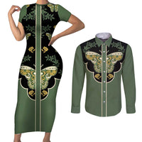 Retro Butterfly Couples Matching Short Sleeve Bodycon Dress and Long Sleeve Button Shirt Western Yoke Style - Wonder Print Shop